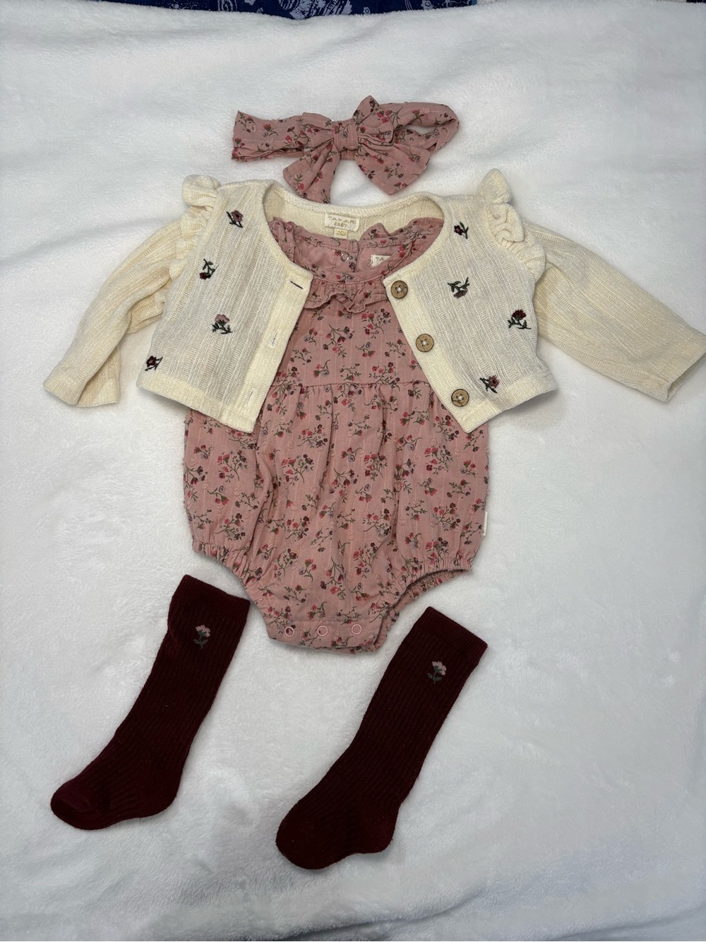 Tahari Dusty Pink Floral Romper Set with Cream Cardigan and Burgundy Socks